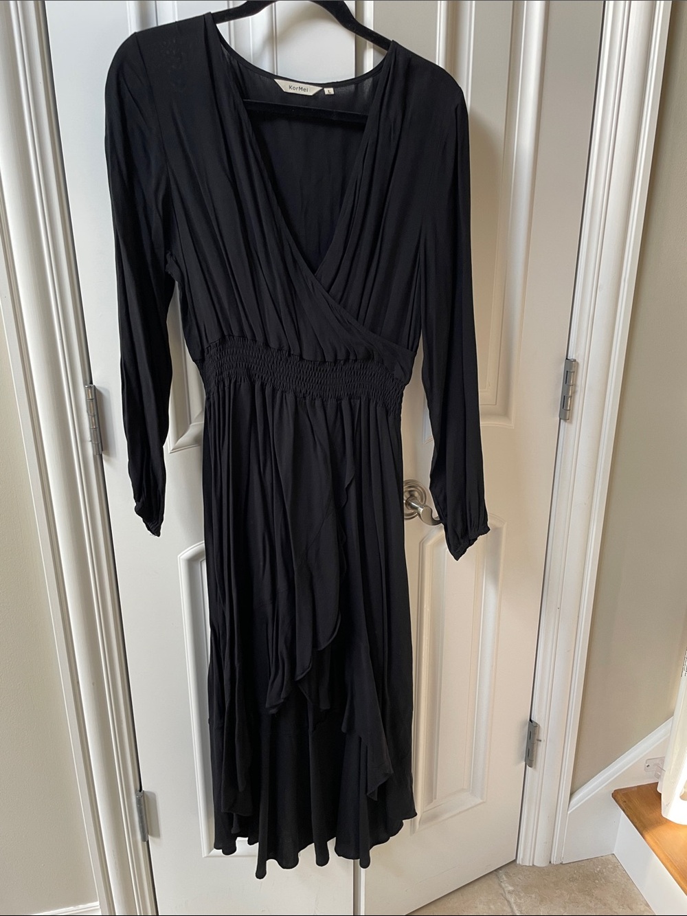 KorMei Black Long-Sleeve Wrap Midi Dress